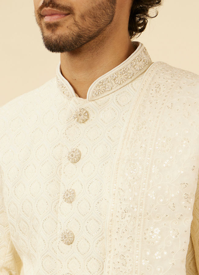 alt message - Manyavar Men Blush Pink Paisley Patterned Achkan Style Sherwani Set image number 1