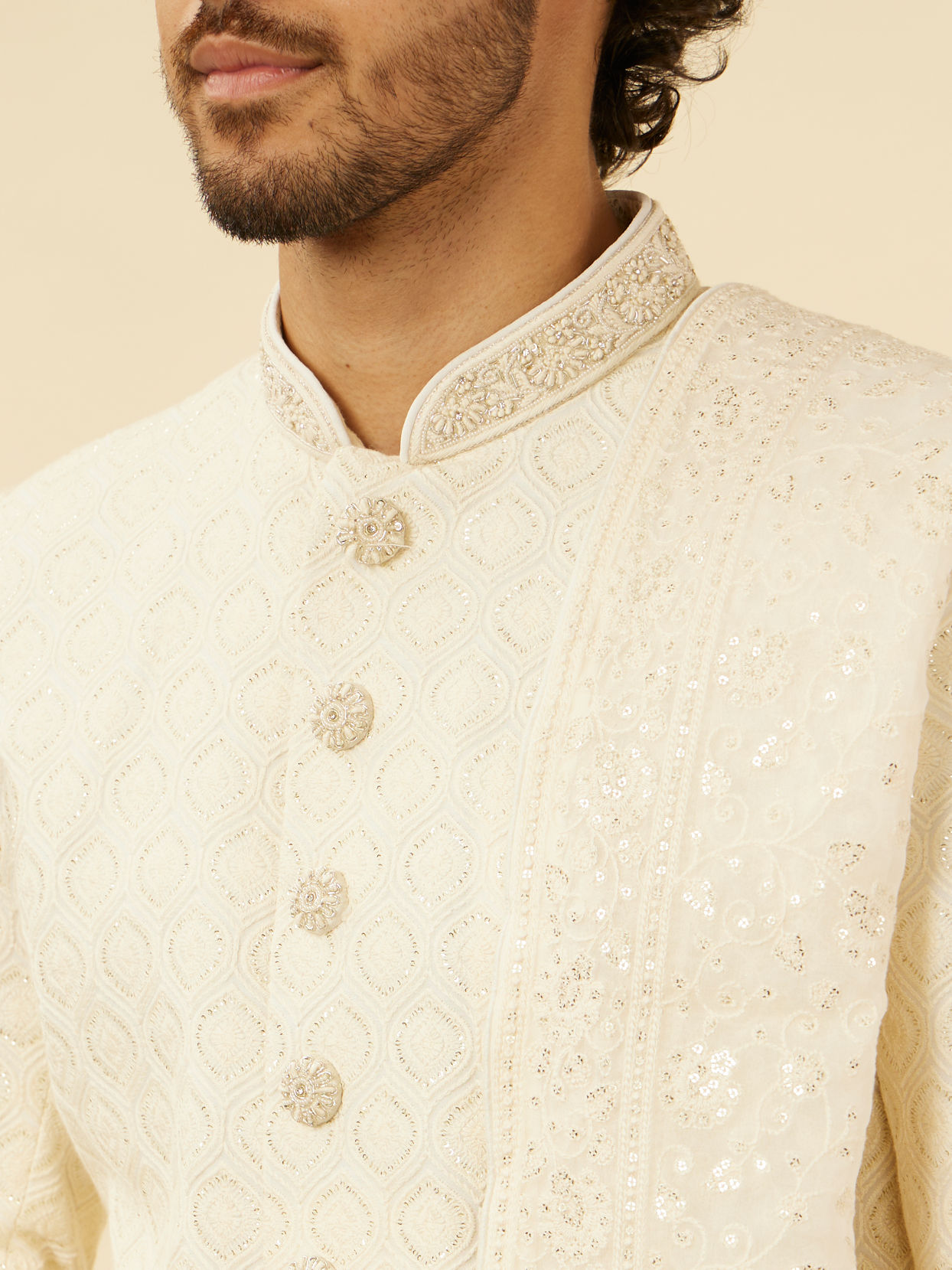 alt message - Manyavar Men Blush Pink Paisley Patterned Achkan Style Sherwani Set image number 1