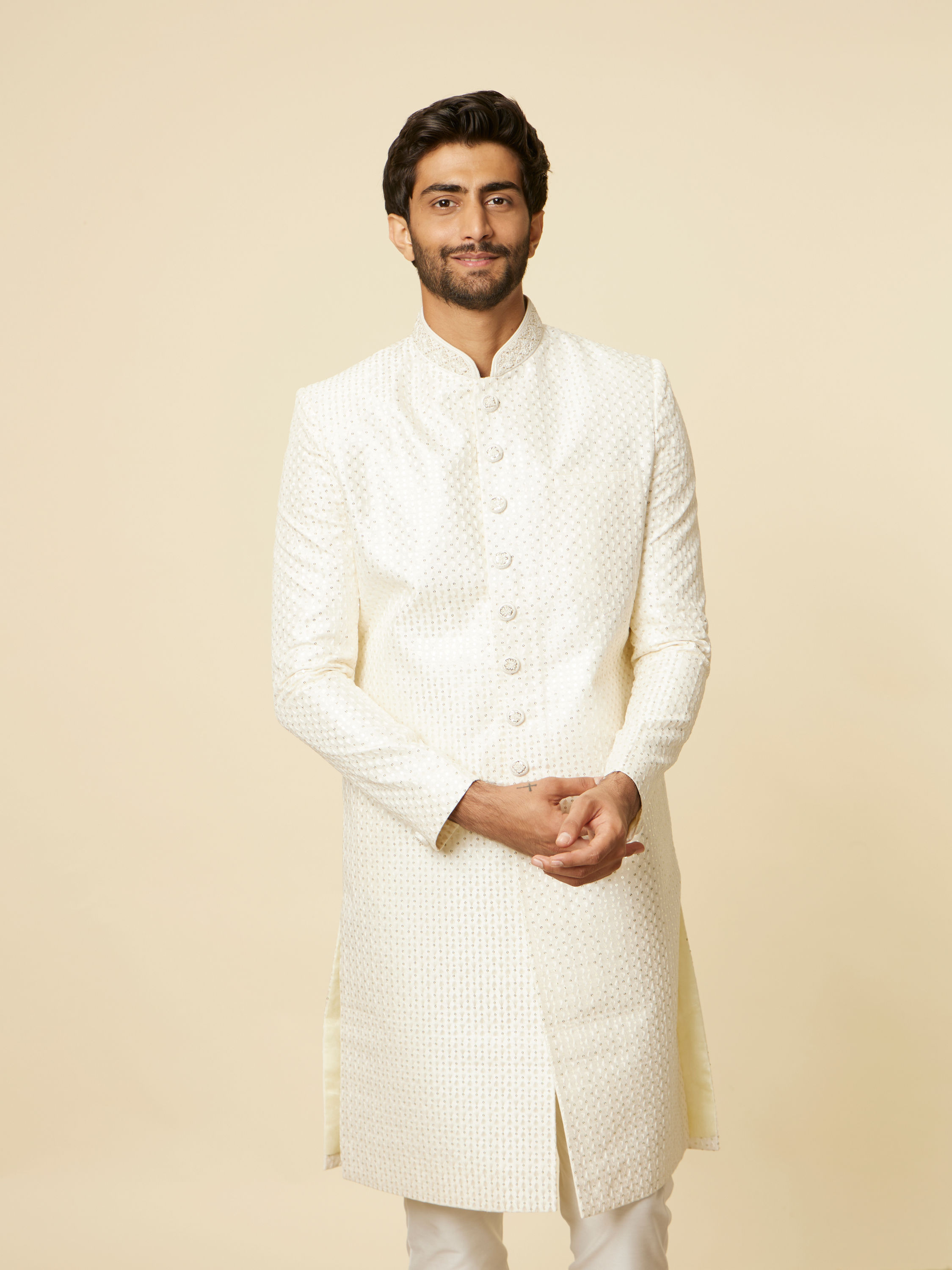 Manyavar Men Warm White Sequined Sherwani Set