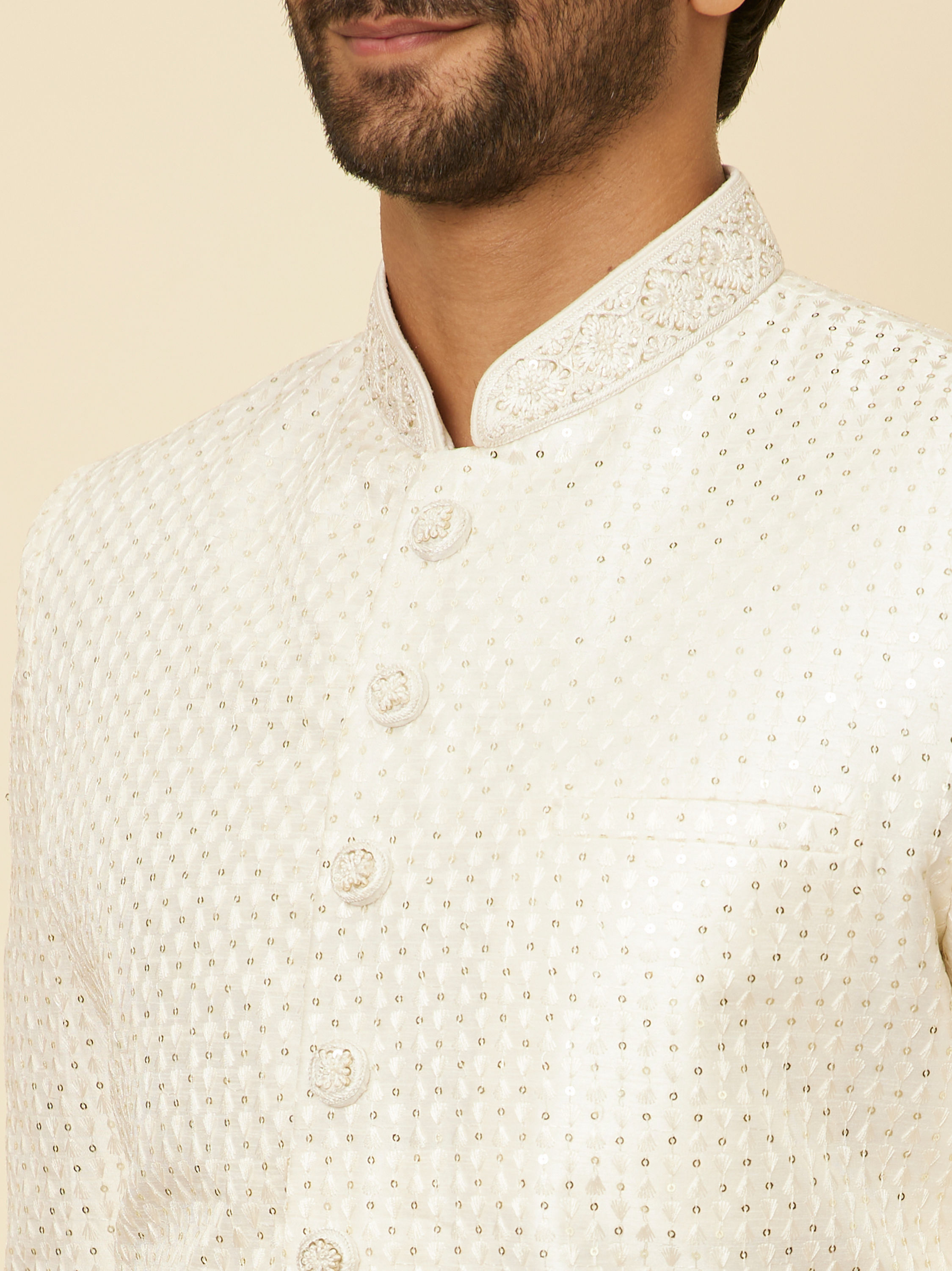 Manyavar Men Warm White Sequined Sherwani Set