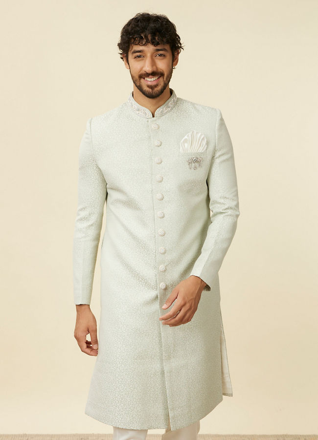 alt message - Manyavar Men Light Mid Green Achkan Style Sherwani Set image number 0