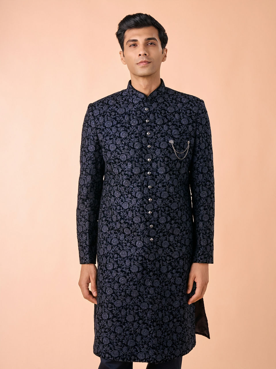 Manyavar Men Velvet Royalty Blue Sherwani