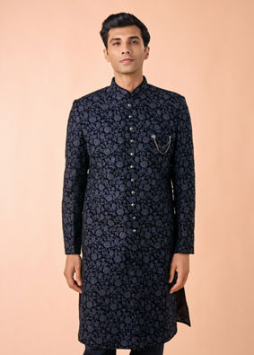 Manyavar Men Velvet Royalty Blue Sherwani