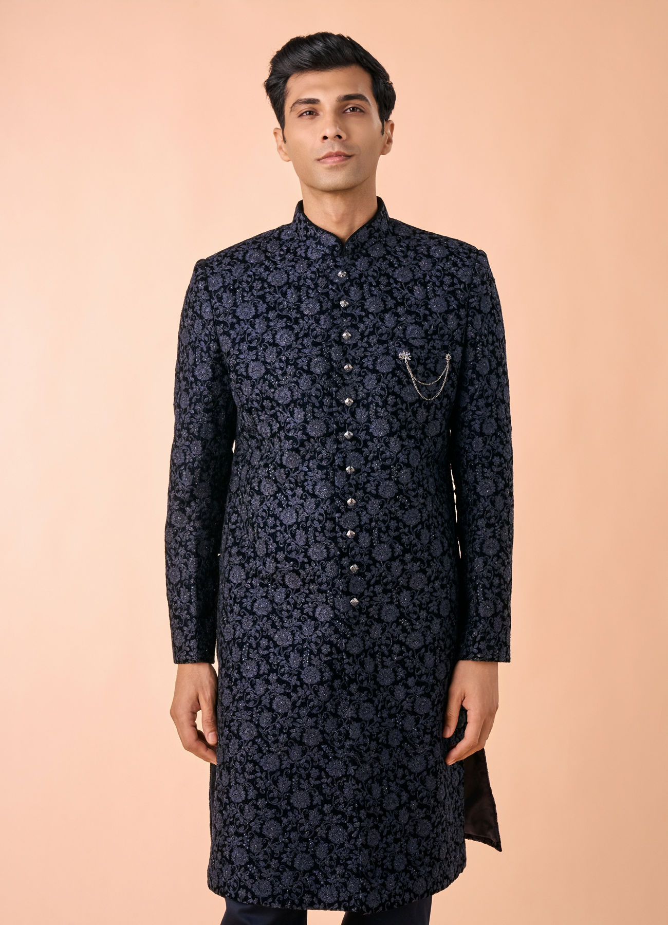 Manyavar Men Velvet Royalty Blue Sherwani