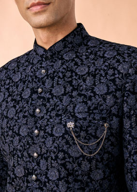 Manyavar Men Velvet Royalty Blue Sherwani