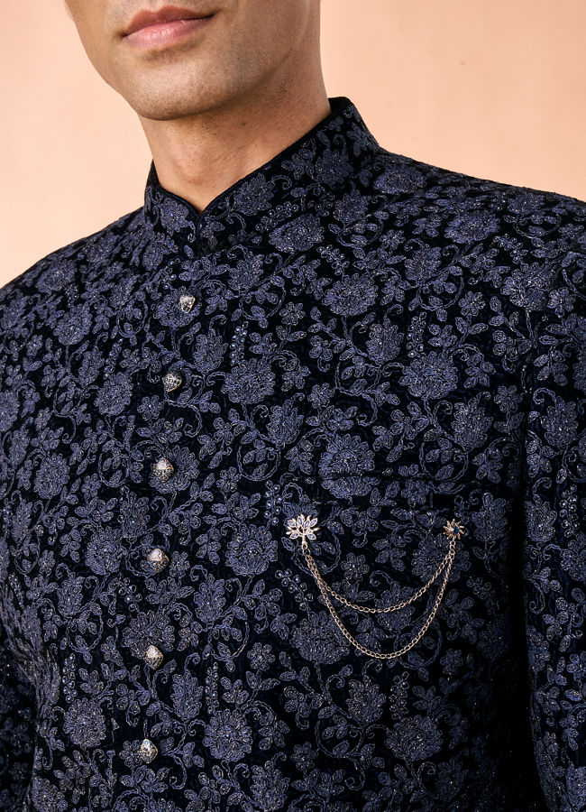 Manyavar Men Velvet Royalty Blue Sherwani