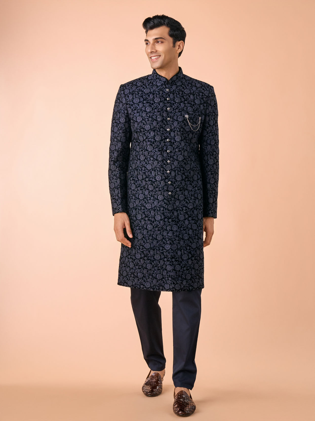 Manyavar Men Velvet Royalty Blue Sherwani