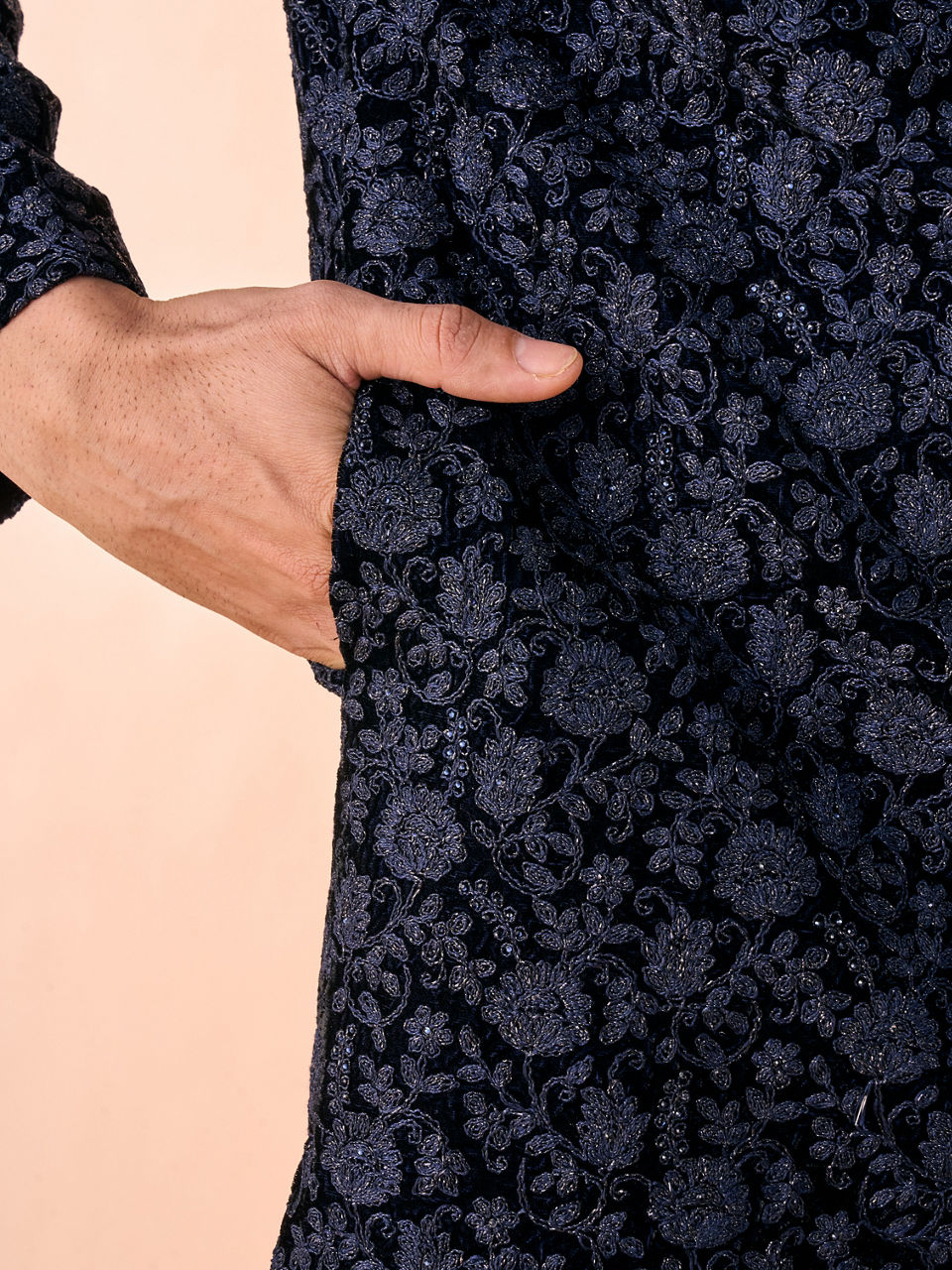 Manyavar Men Velvet Royalty Blue Sherwani