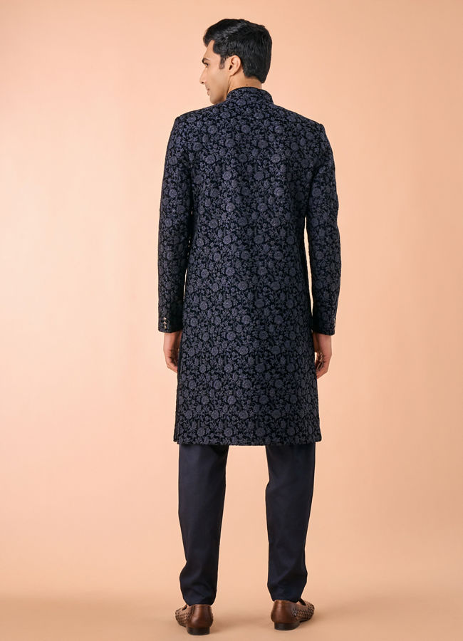 Manyavar Men Velvet Royalty Blue Sherwani