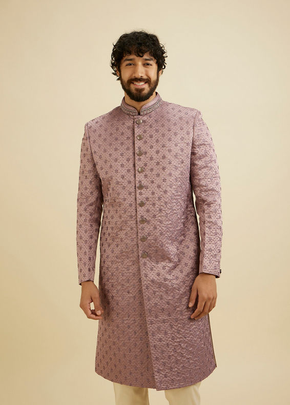 Manyavar Men Bright Lilac Floral Buta Patterned Sherwani Set with Rhinestone Work