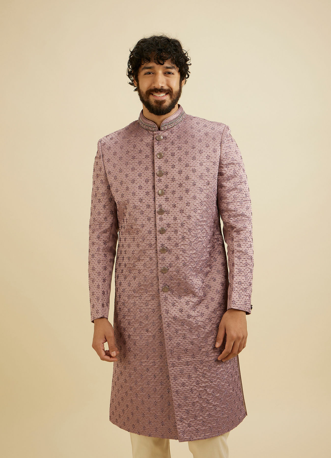 Manyavar Men Bright Lilac Floral Buta Patterned Sherwani Set with Rhinestone Work