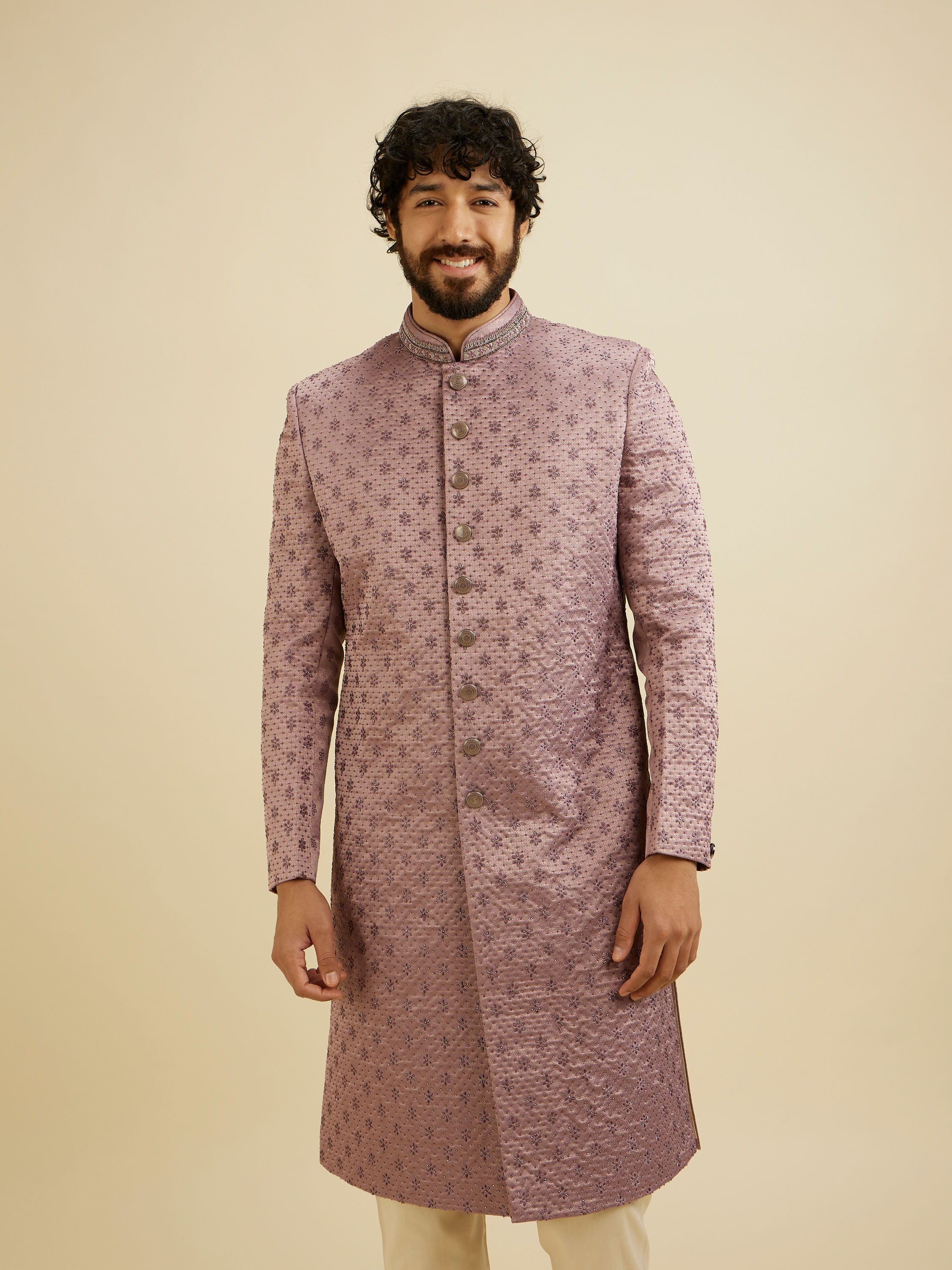 Manyavar Men Bright Lilac Floral Buta Patterned Sherwani Set with Rhinestone Work