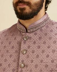 Manyavar Men Bright Lilac Floral Buta Patterned Sherwani Set with Rhinestone Work