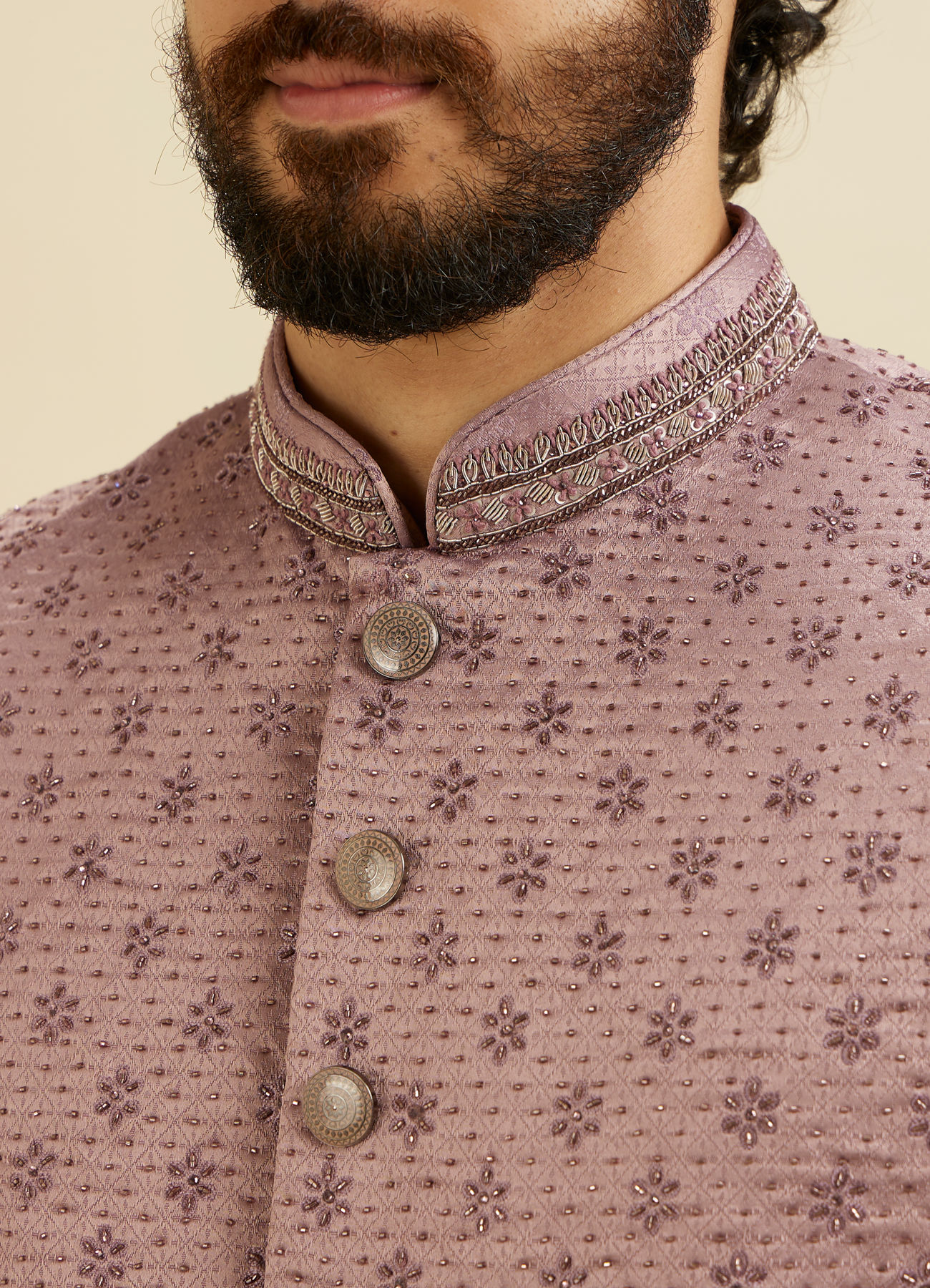 Manyavar Men Bright Lilac Floral Buta Patterned Sherwani Set with Rhinestone Work