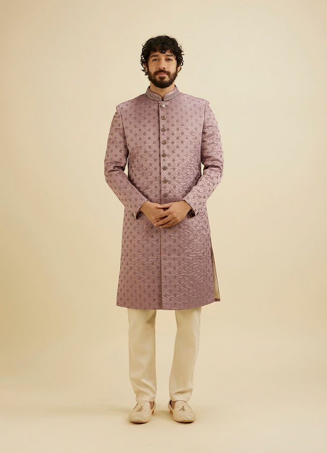 Manyavar Men Bright Lilac Floral Buta Patterned Sherwani Set with Rhinestone Work