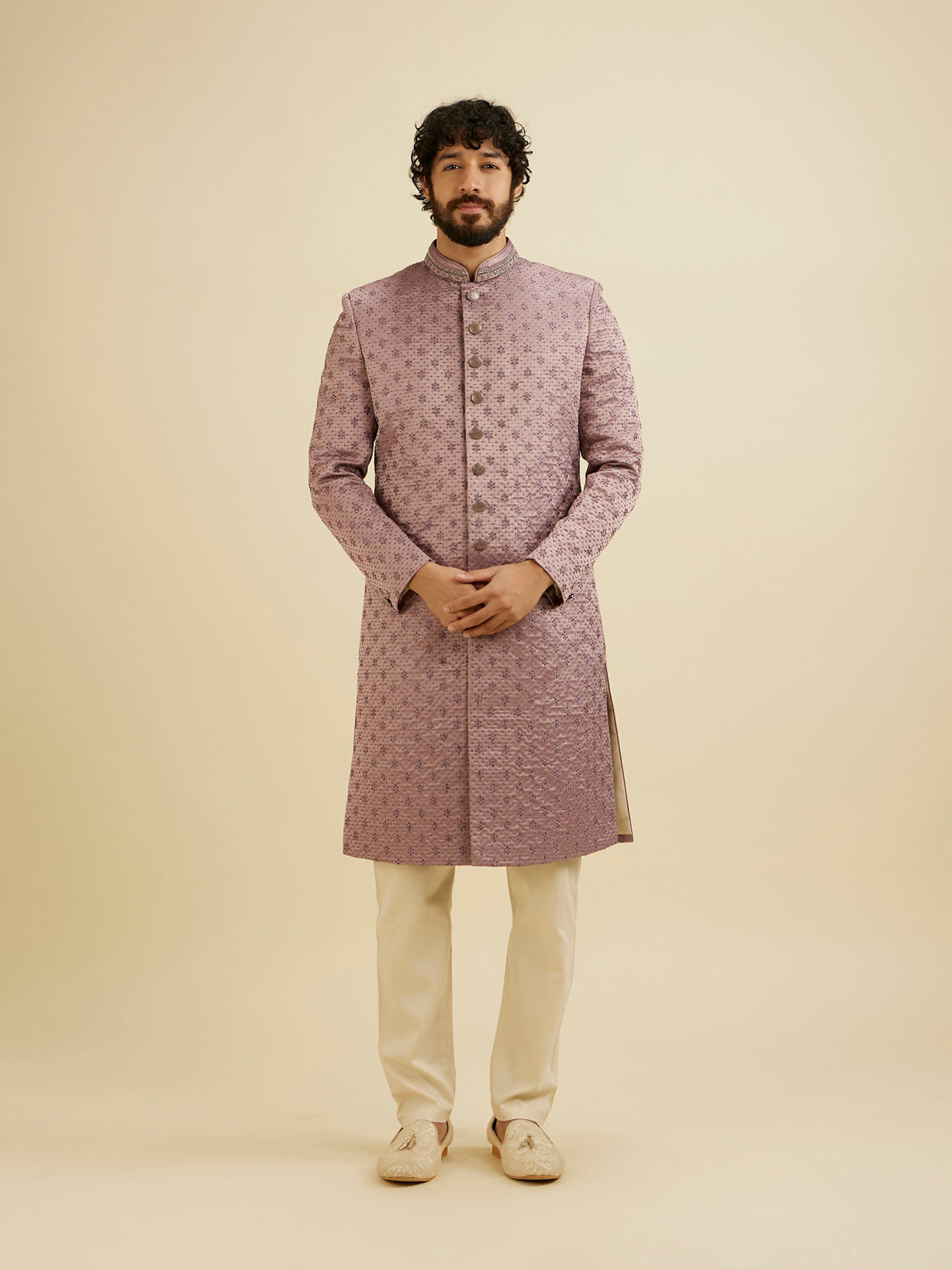 Manyavar Men Bright Lilac Floral Buta Patterned Sherwani Set with Rhinestone Work