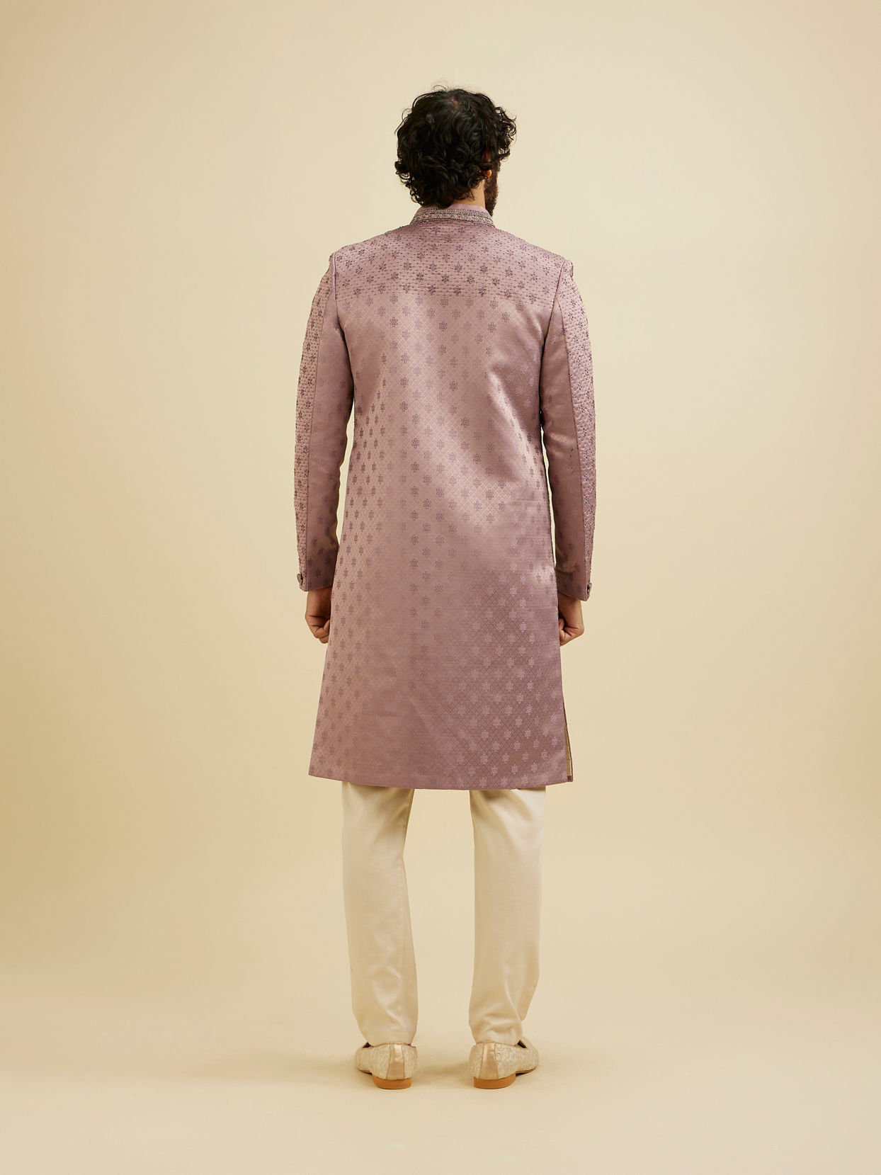 Manyavar Men Bright Lilac Floral Buta Patterned Sherwani Set with Rhinestone Work