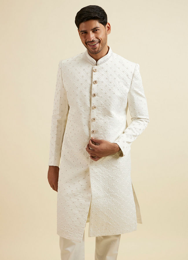 Manyavar Men White Buta Jaal Patterned Sherwani Set image number 0