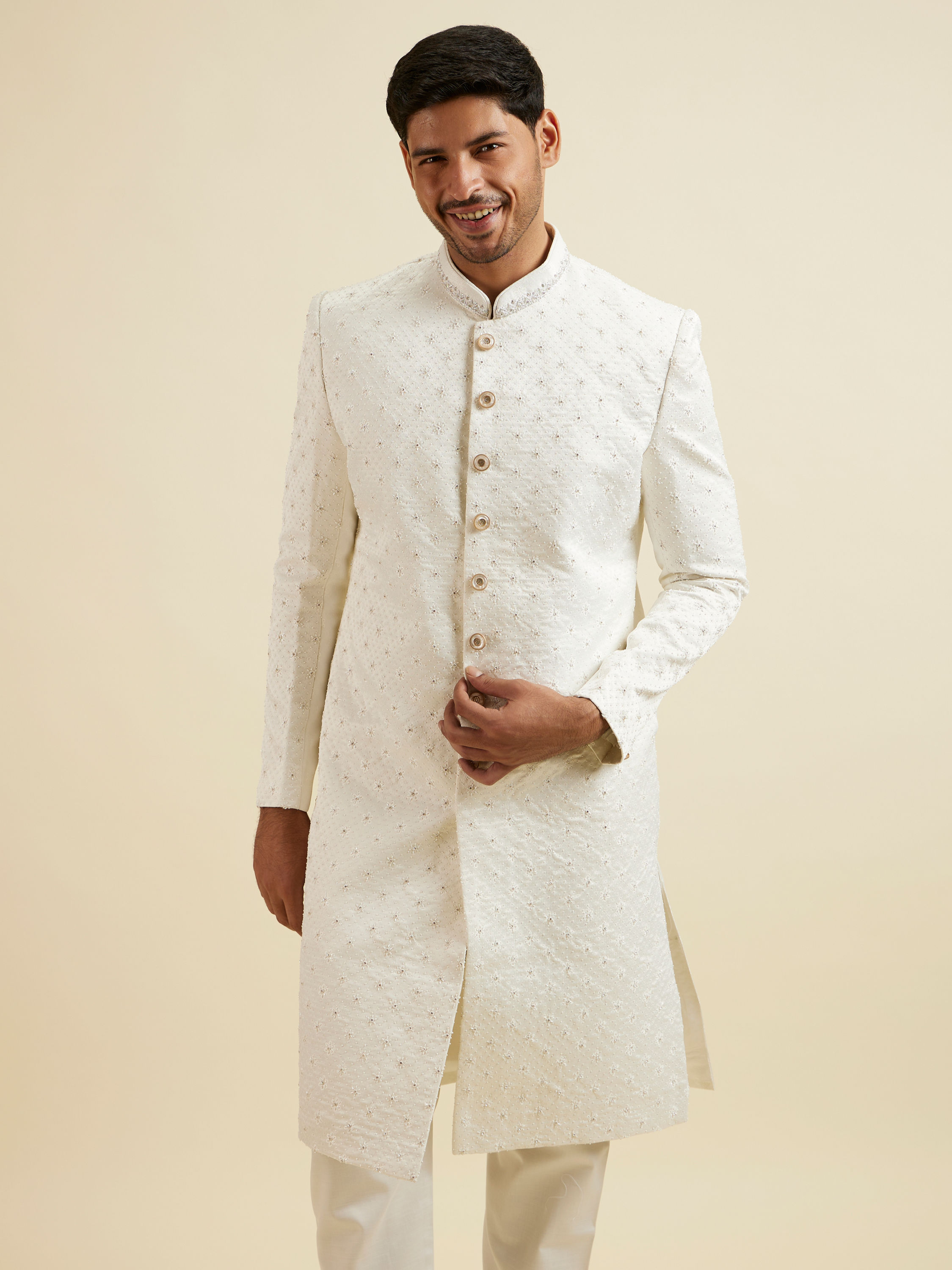 Manyavar Men White Buta Jaal Patterned Sherwani Set