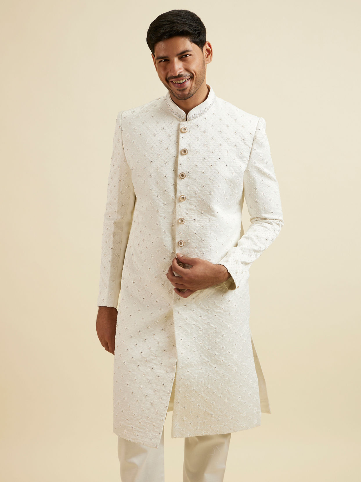 Manyavar Men White Buta Jaal Patterned Sherwani Set image number 0