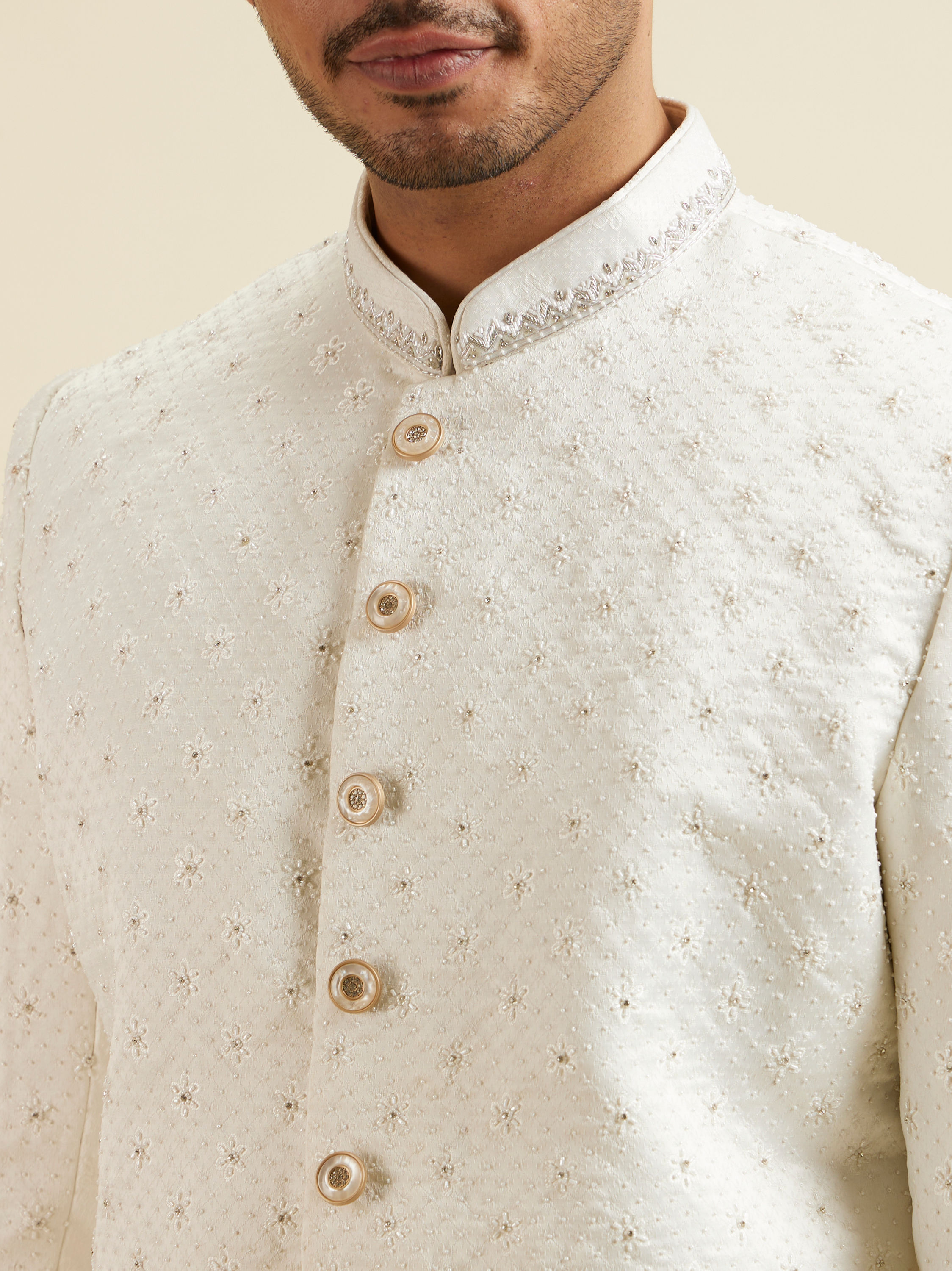 Manyavar Men White Buta Jaal Patterned Sherwani Set