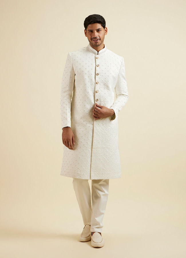 Manyavar Men White Buta Jaal Patterned Sherwani Set