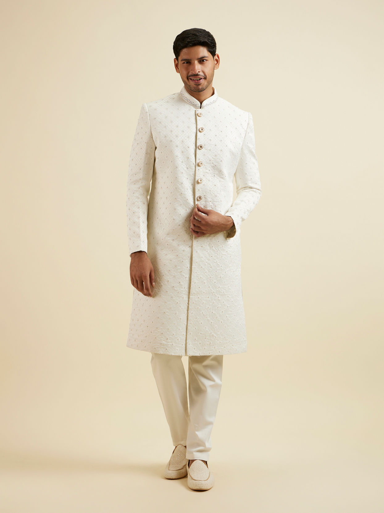 Manyavar Men White Buta Jaal Patterned Sherwani Set image number 2