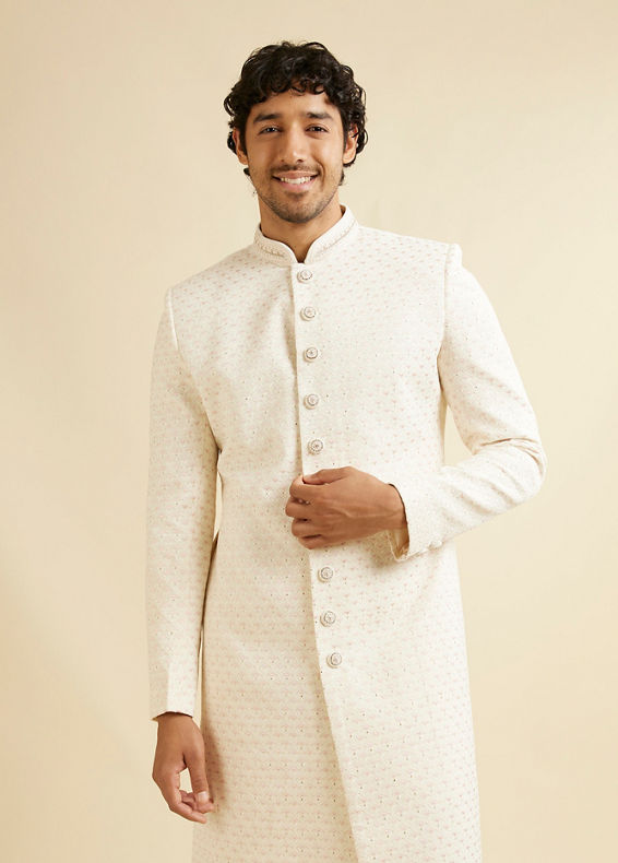 Manyavar Men Warm White Diamond Buta Patterned Sherwani Set