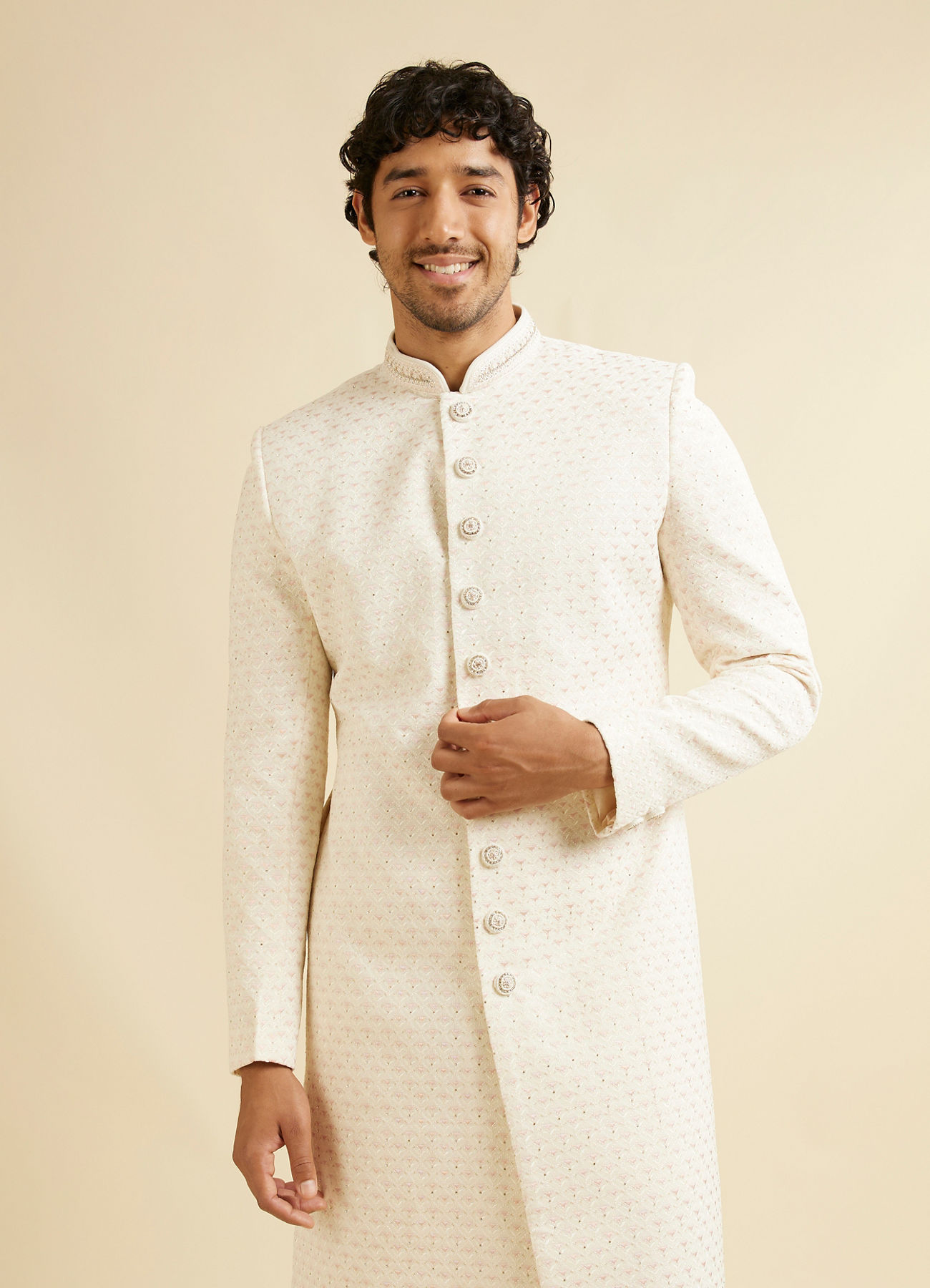 Manyavar Men Warm White Diamond Buta Patterned Sherwani Set