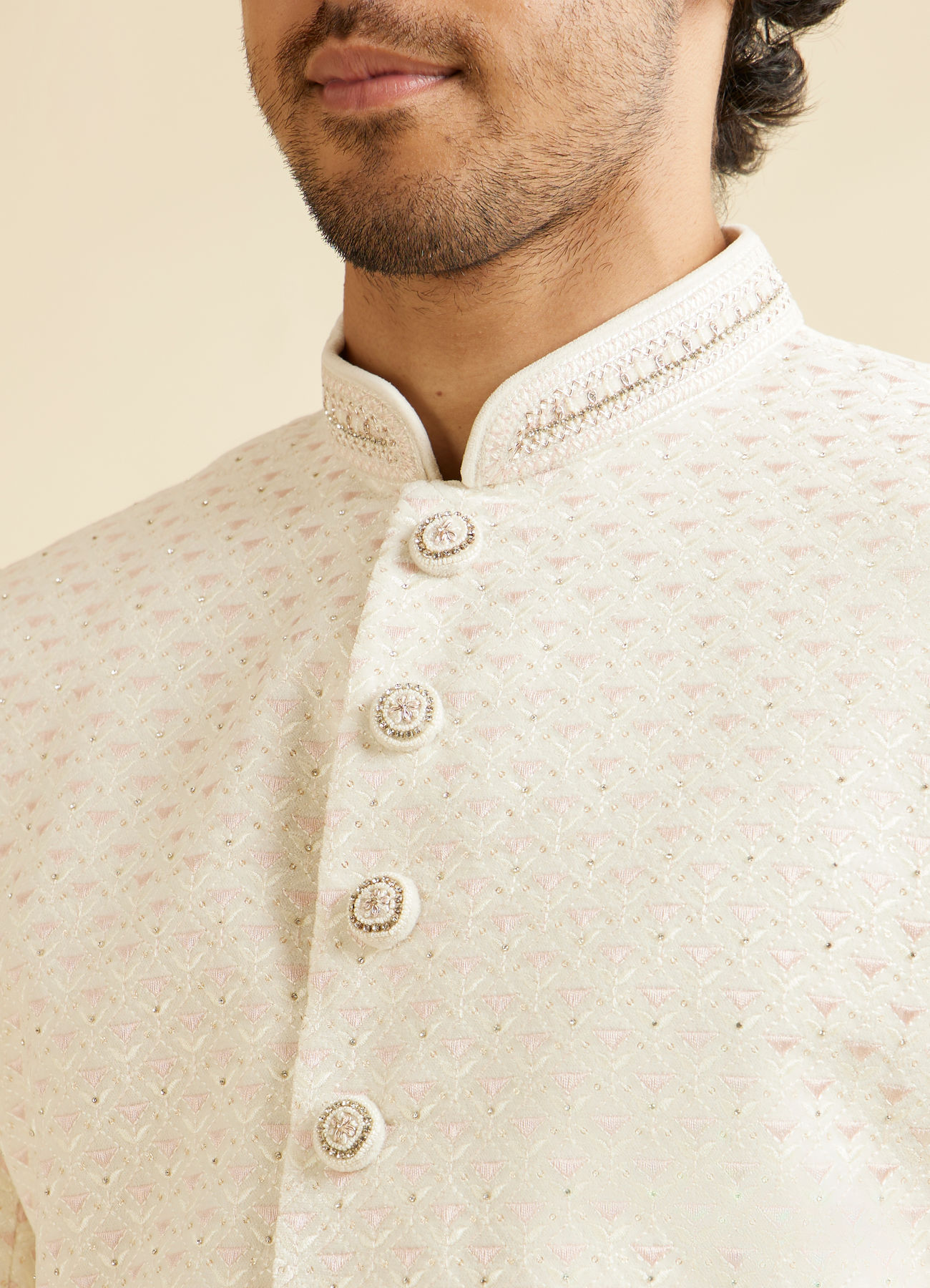 Manyavar Men Warm White Diamond Buta Patterned Sherwani Set
