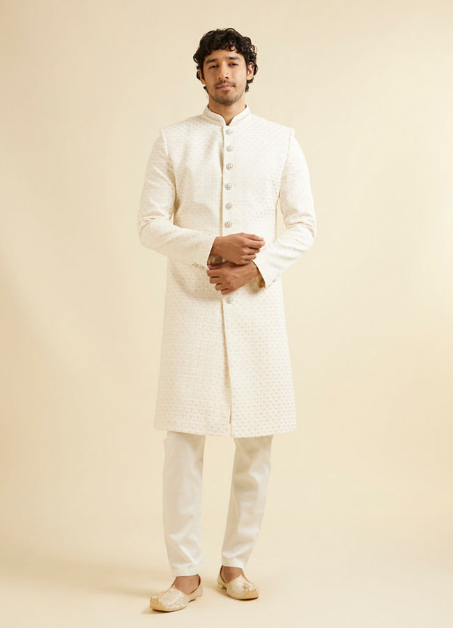 Manyavar Men Warm White Diamond Buta Patterned Sherwani Set
