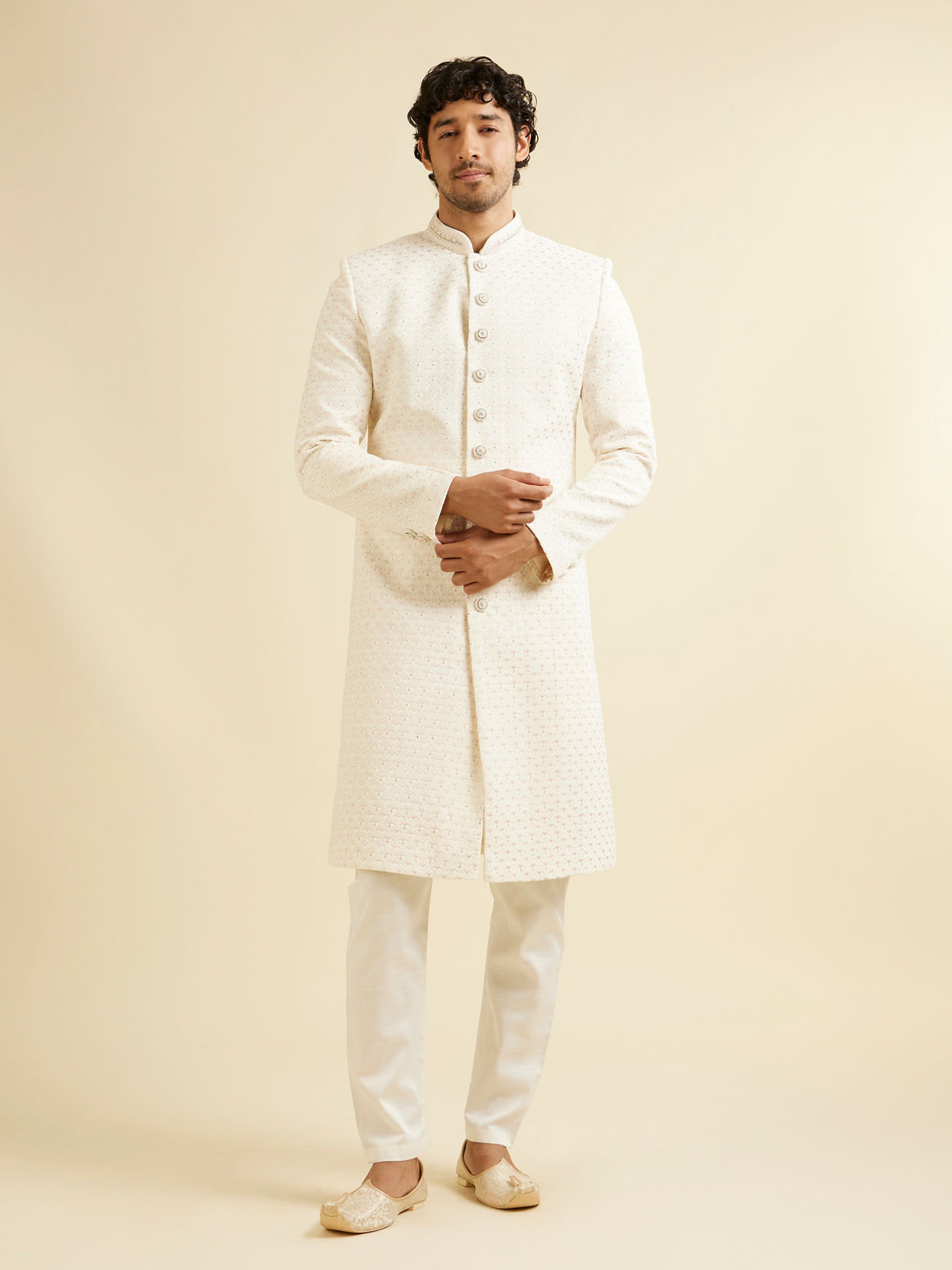 Manyavar Men Warm White Diamond Buta Patterned Sherwani Set