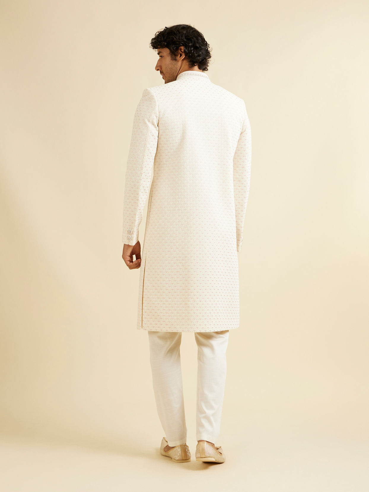 Manyavar Men Warm White Diamond Buta Patterned Sherwani Set