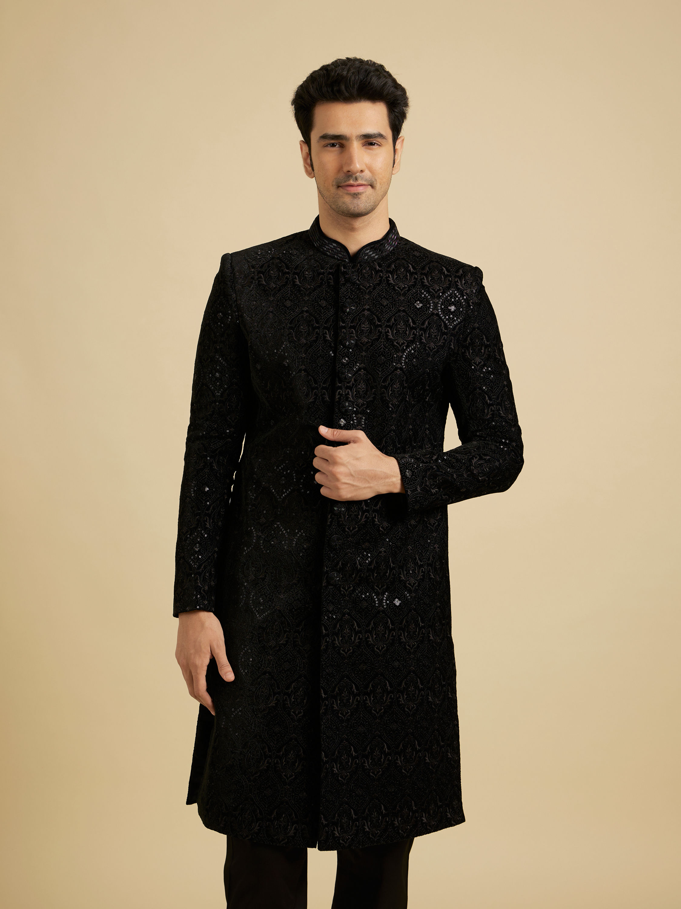 Manyavar Men Blue Velvet Charm Sherwani