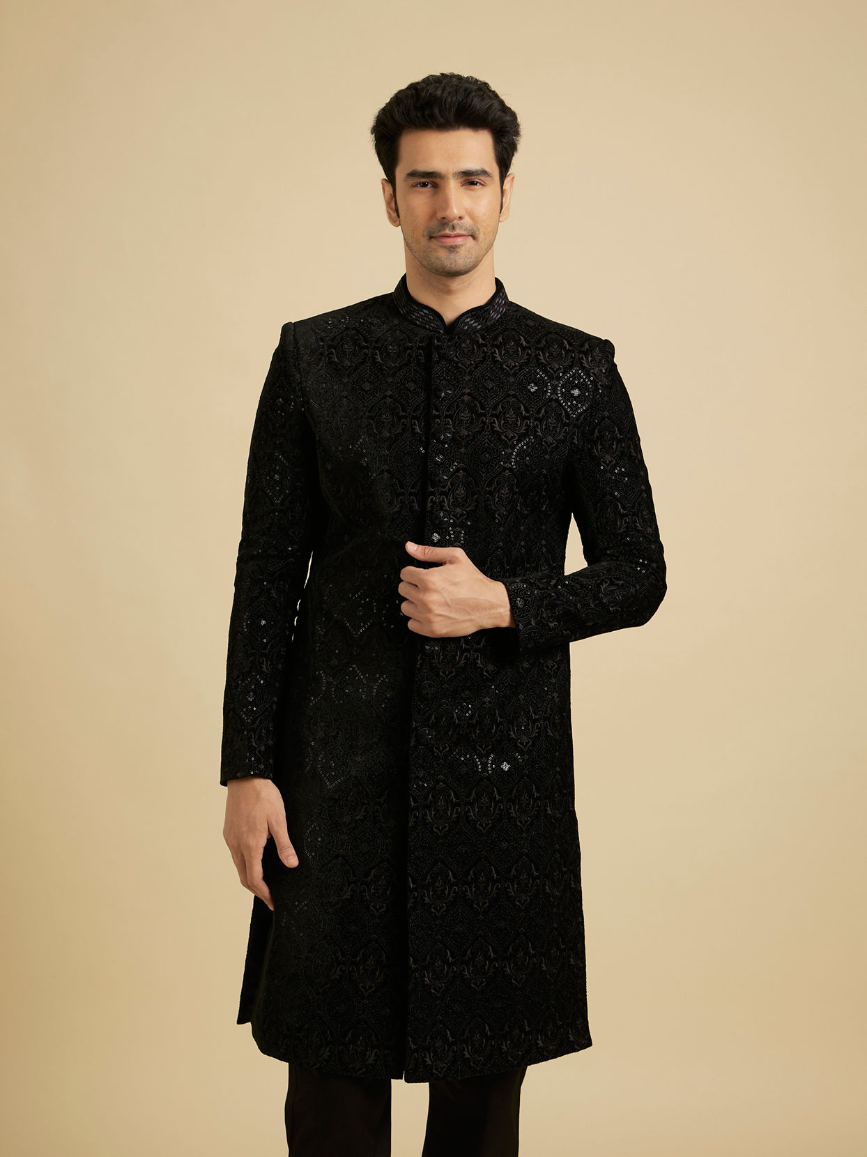 Manyavar Men Blue Velvet Charm Sherwani image number 0