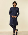 Manyavar Men Dark Blue Medallion Patterned Achkan Style Sherwani Set