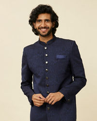 Manyavar Men Dark Blue Medallion Patterned Achkan Style Sherwani Set