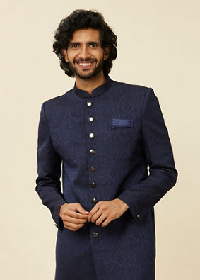 alt message - Manyavar Men Dark Blue Medallion Patterned Achkan Style Sherwani Set image number 0