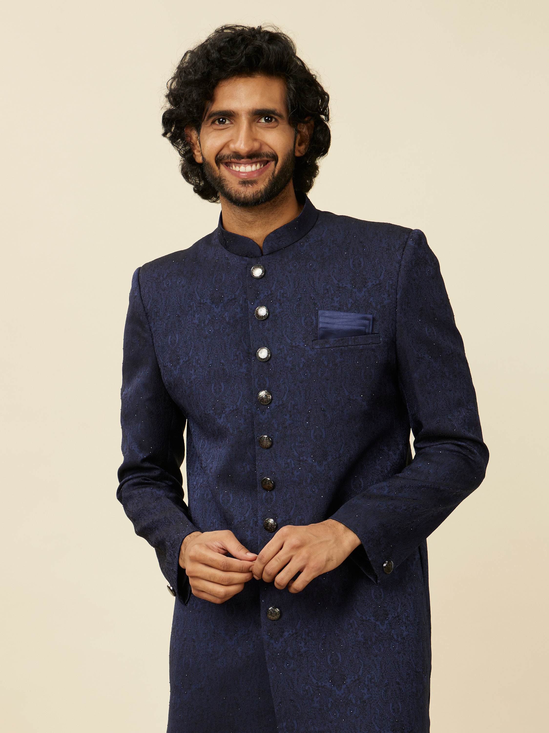 Manyavar Men Dark Blue Medallion Patterned Achkan Style Sherwani Set