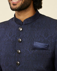 Manyavar Men Dark Blue Medallion Patterned Achkan Style Sherwani Set