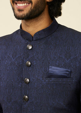 alt message - Manyavar Men Dark Blue Medallion Patterned Achkan Style Sherwani Set image number 1