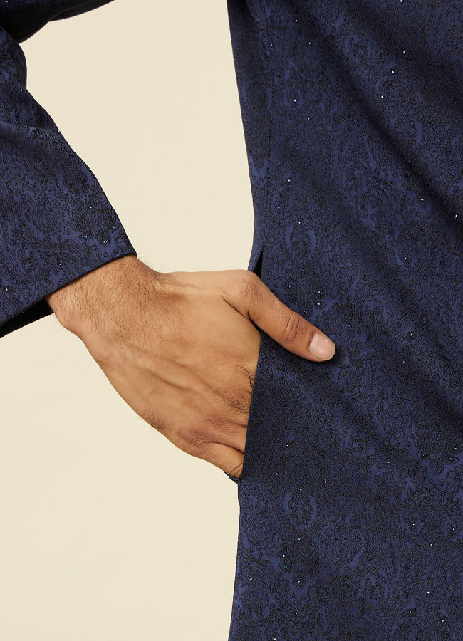 Manyavar Men Dark Blue Medallion Patterned Achkan Style Sherwani Set