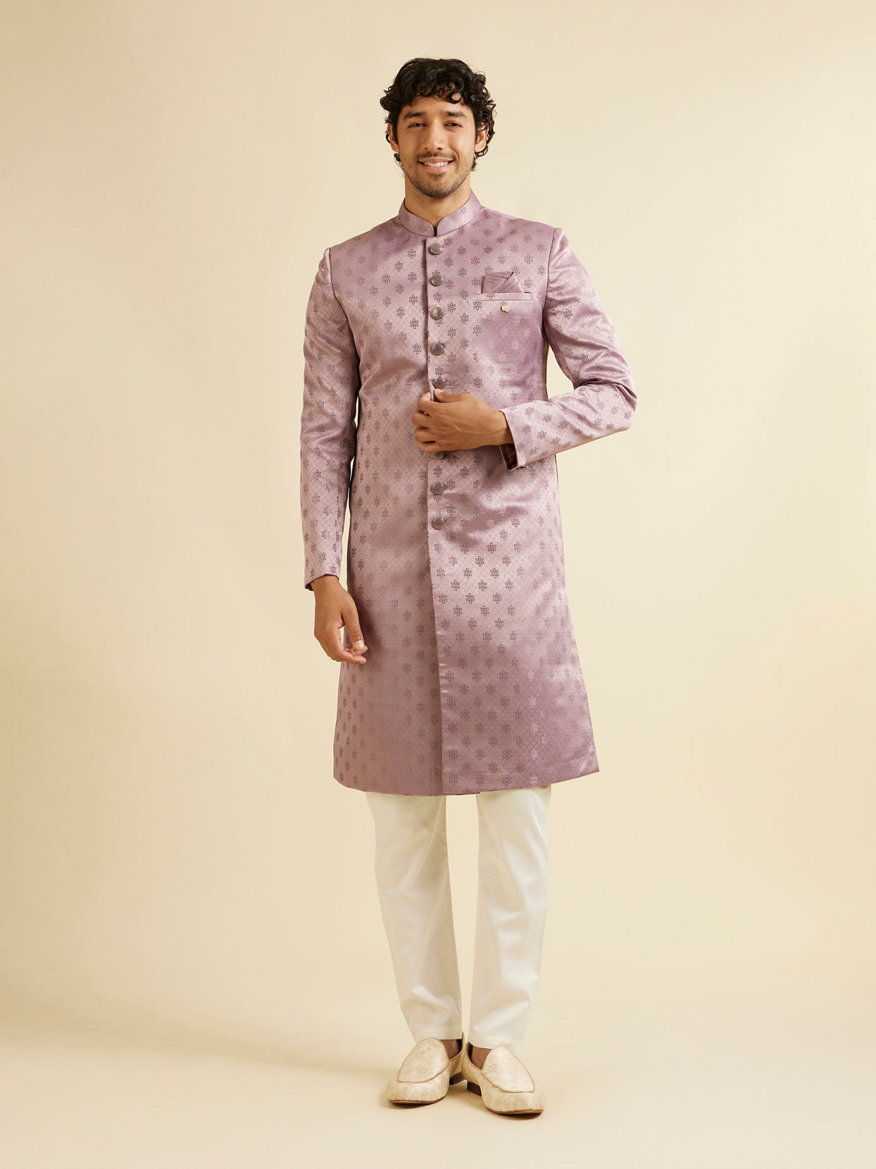 Manyavar Men Purple Floral Jaal Patterned Sherwani Set