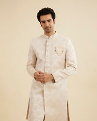Manyavar Men Soft Beige Jaal Medallion Patterned Sherwani Set with Rhinestone Work