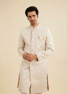 Manyavar Men Soft Beige Jaal Medallion Patterned Sherwani Set with Rhinestone Work