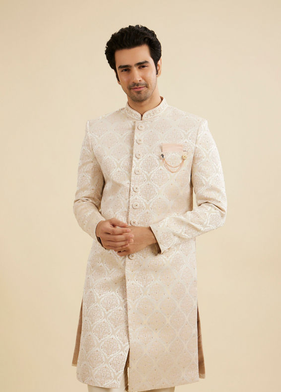 Manyavar Men Soft Beige Jaal Medallion Patterned Sherwani Set with Rhinestone Work