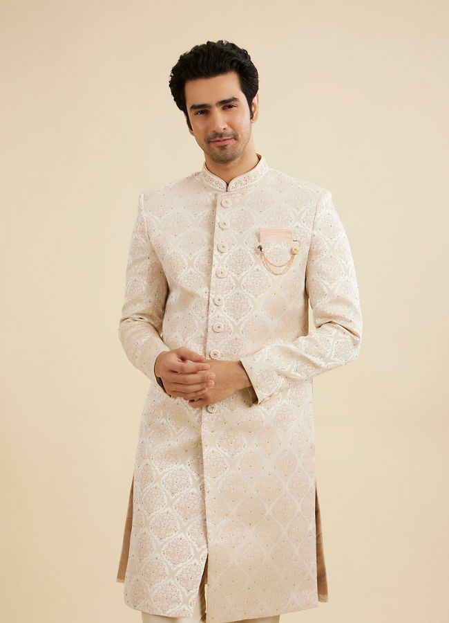 Manyavar Men Soft Beige Jaal Medallion Patterned Sherwani Set with Rhinestone Work