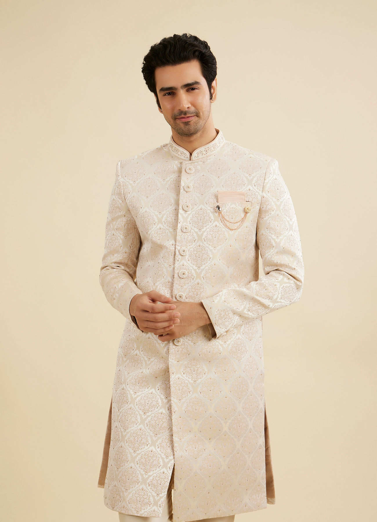 Manyavar Men Soft Beige Jaal Medallion Patterned Sherwani Set with Rhinestone Work