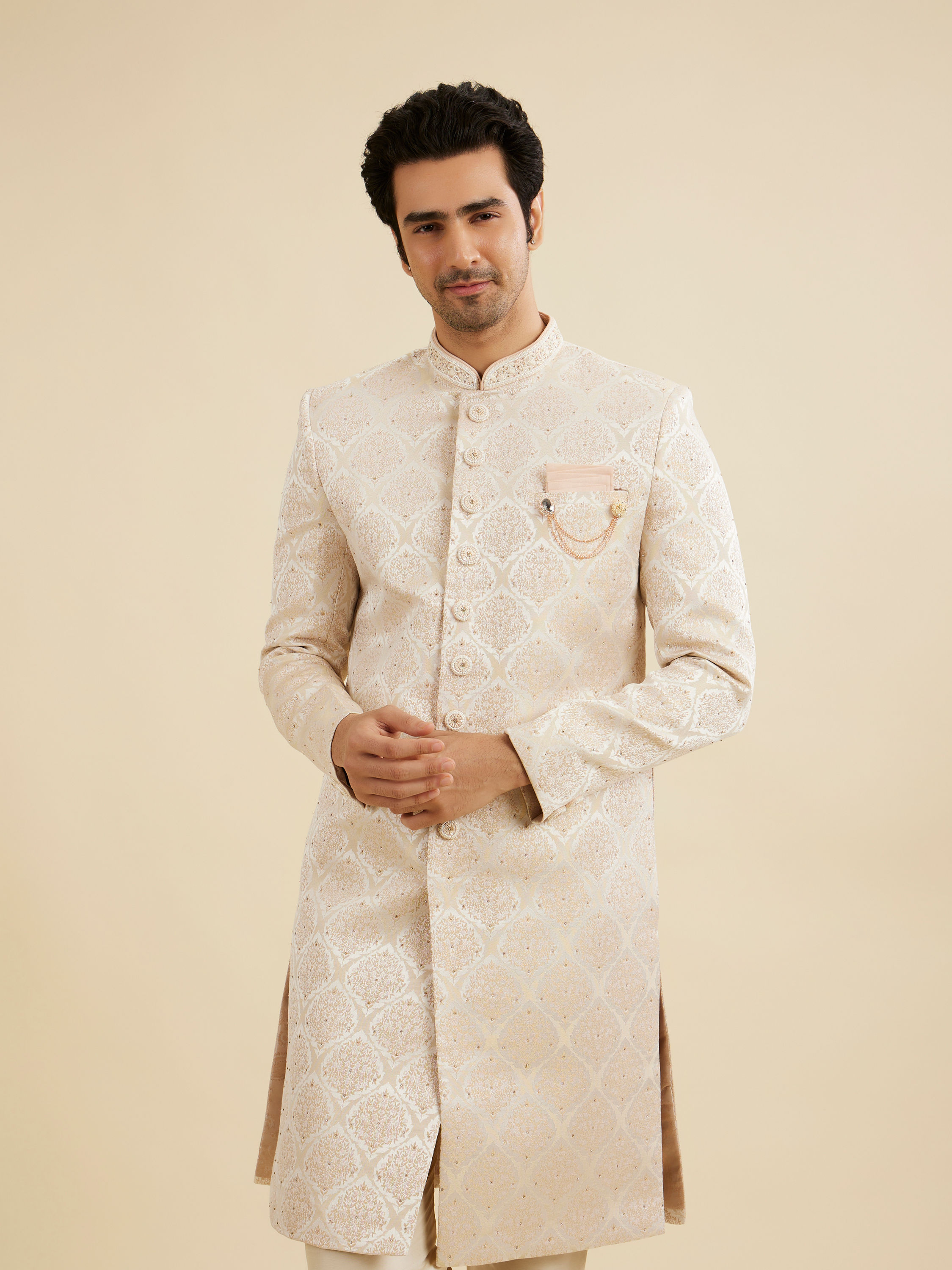 Manyavar Men Soft Beige Jaal Medallion Patterned Sherwani Set with Rhinestone Work