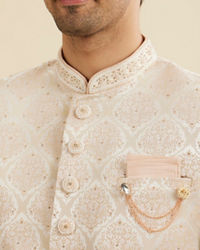 Manyavar Men Soft Beige Jaal Medallion Patterned Sherwani Set with Rhinestone Work